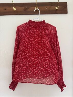 GAP Red Floral Ruffle-Neck Long Sleeve Blouse